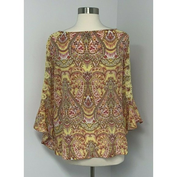 Sharagano Womens Shirt Size Small Yellow Pink Orange Geometric Print Top Crochet - Picture 3 of 6